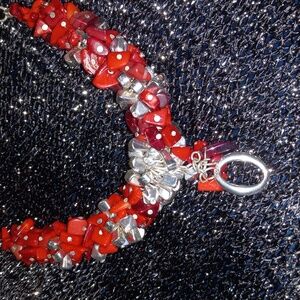 Chico's Red Sivertone Stone Cluster Necklace